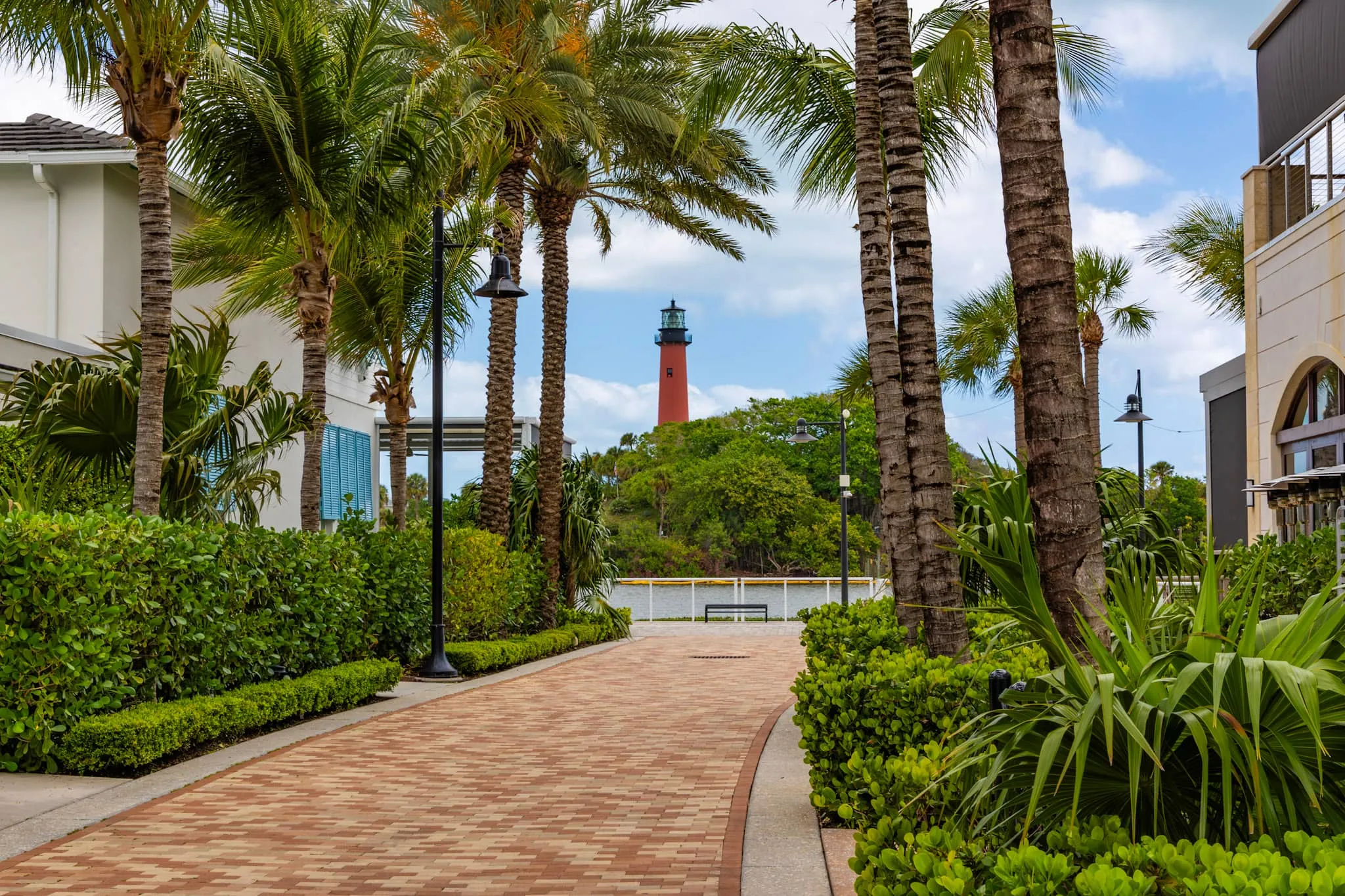 The Jupiter Lighthouse viewed from a local shopping and dining district