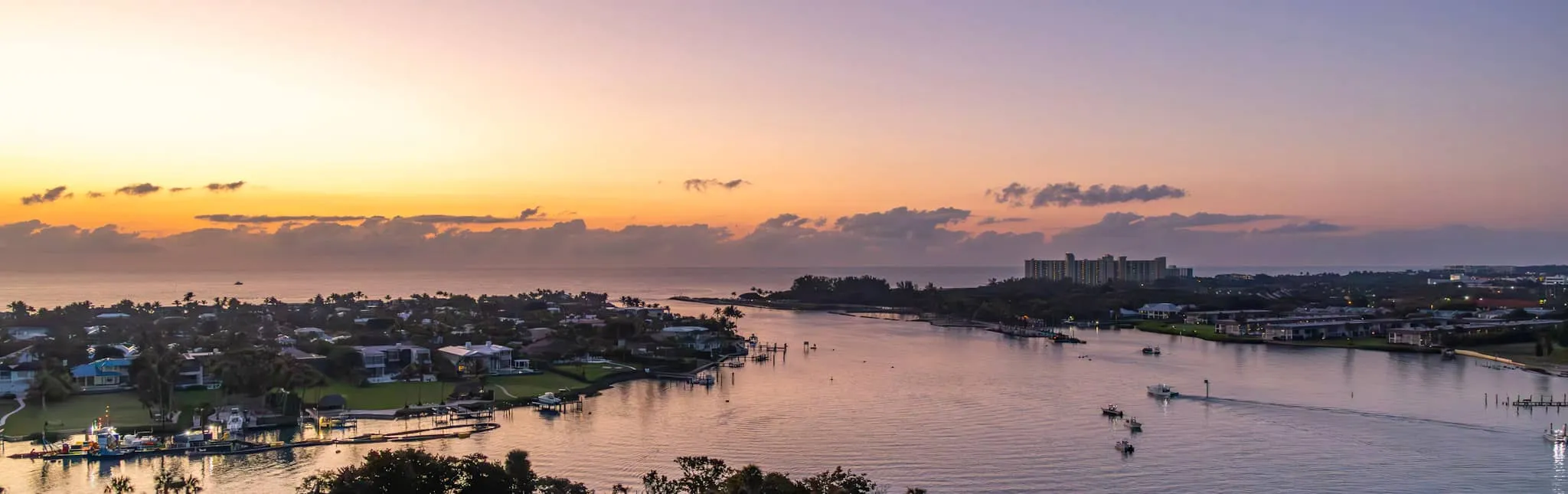 Aerial view of the Jupiter Inlet and Intracoastal Waterway at sunset, Palm Beach County, Florida